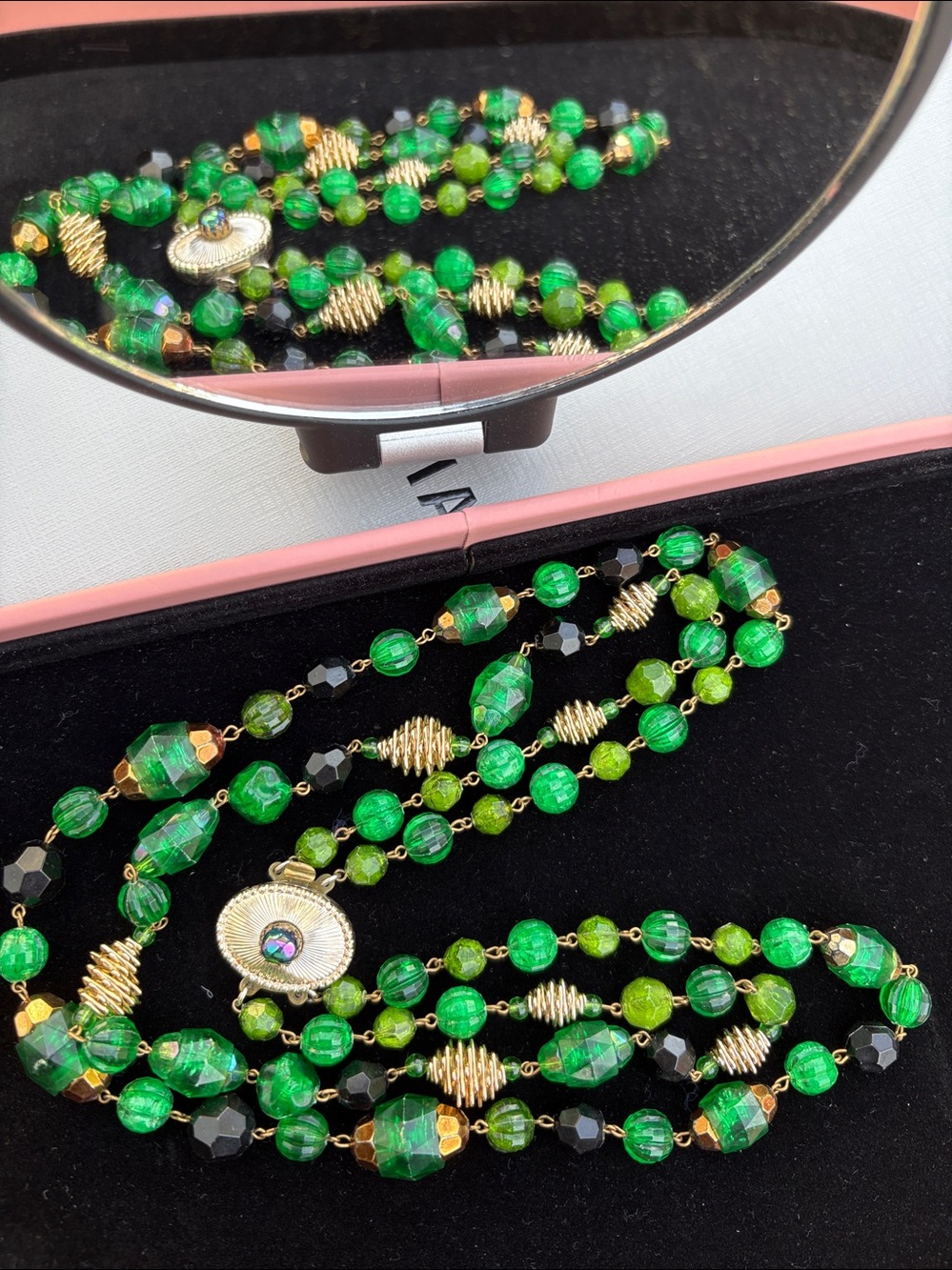 Vintage West Germany Double Strand Green Lucite Bead Gold Filigree Necklace #334